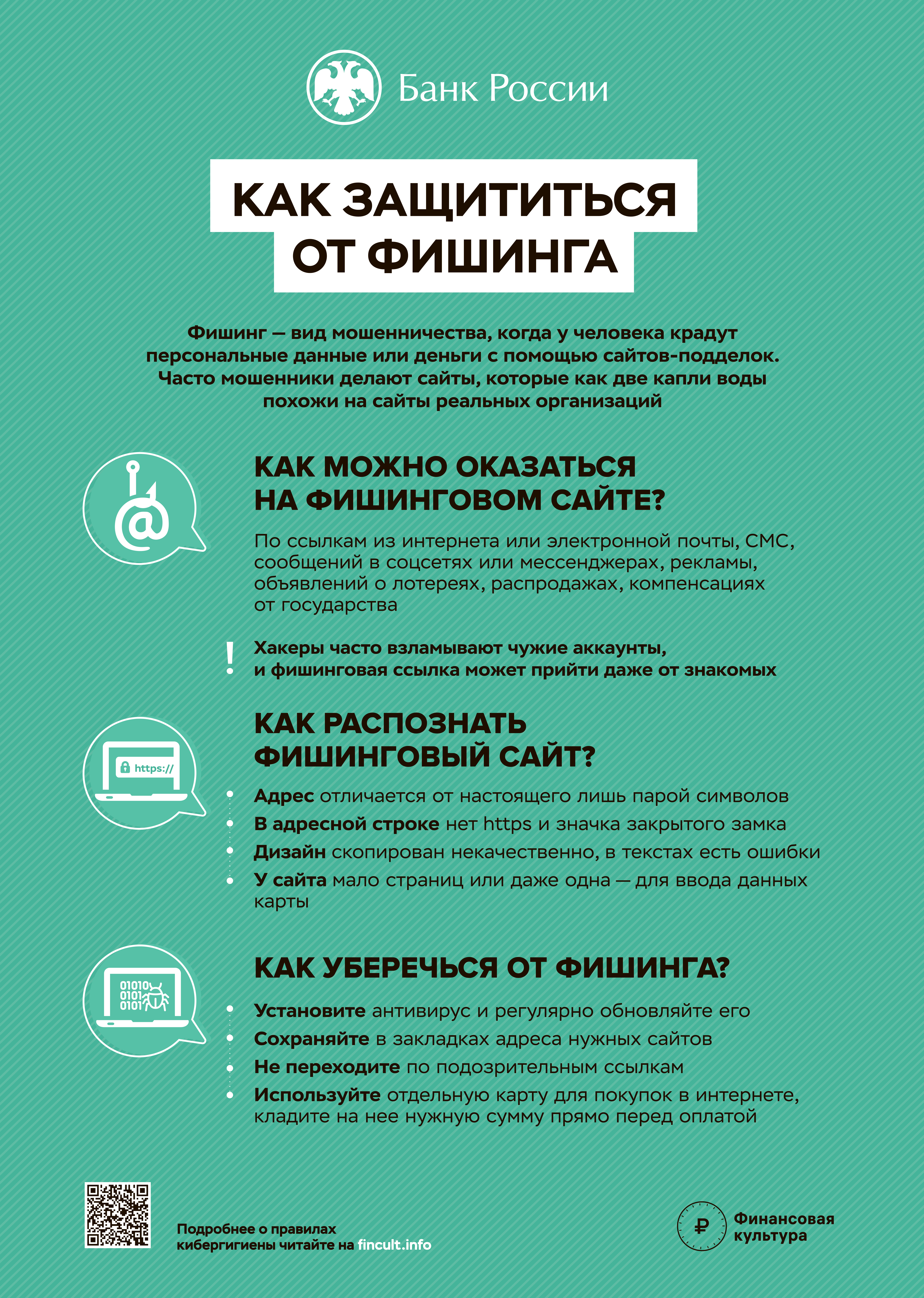 КАК ЗАЩИТИТЬСЯ
ОТ ФИШИНГА
Фишинг — вид мошенничества, когда у человека крадут
персональные данные или деньги с помощью сайтов-подделок.
Часто мошенники делают сайты, которые как две капли воды
похожи на сайты реальных организаций
КАК МОЖНО ОКАЗАТЬСЯ НА ФИШИНГОВОМ САЙТЕ?
По ссылкам из интернета или электронной почты, СМС, сообщений в соцсетях или мессенджерах, рекламы, объявлений о лотереях, распродажах, компенсациях от государства
Хакеры часто взламывают чужие аккаунты, и фишинговая ссылка может прийти даже от знакомых
КАК РАСПОЗНАТЬ ФИШИНГОВЫЙ САЙТ?
Адрес отличается от настоящего лишь парой символов. В адресной строке нет https и значка закрытого замка Дизайн скопирован некачественно, в текстах есть ошибки. У сайта мало страниц или даже одна — для ввода данных карты
КАК УБЕРЕЧЬСЯ ОТ ФИШИНГА?
Установите антивирус и регулярно обновляйте его Сохраняйте в закладках адреса нужных сайтов. Не переходите по подозрительным ссылкам Используйте отдельную карту для покупок в интернете, кладите на нее нужную сумму прямо перед оплатой